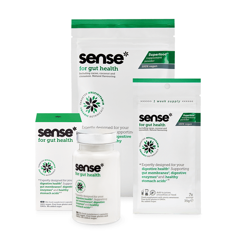 sense for gut health superfood supplement powders and mutivitamin capsules